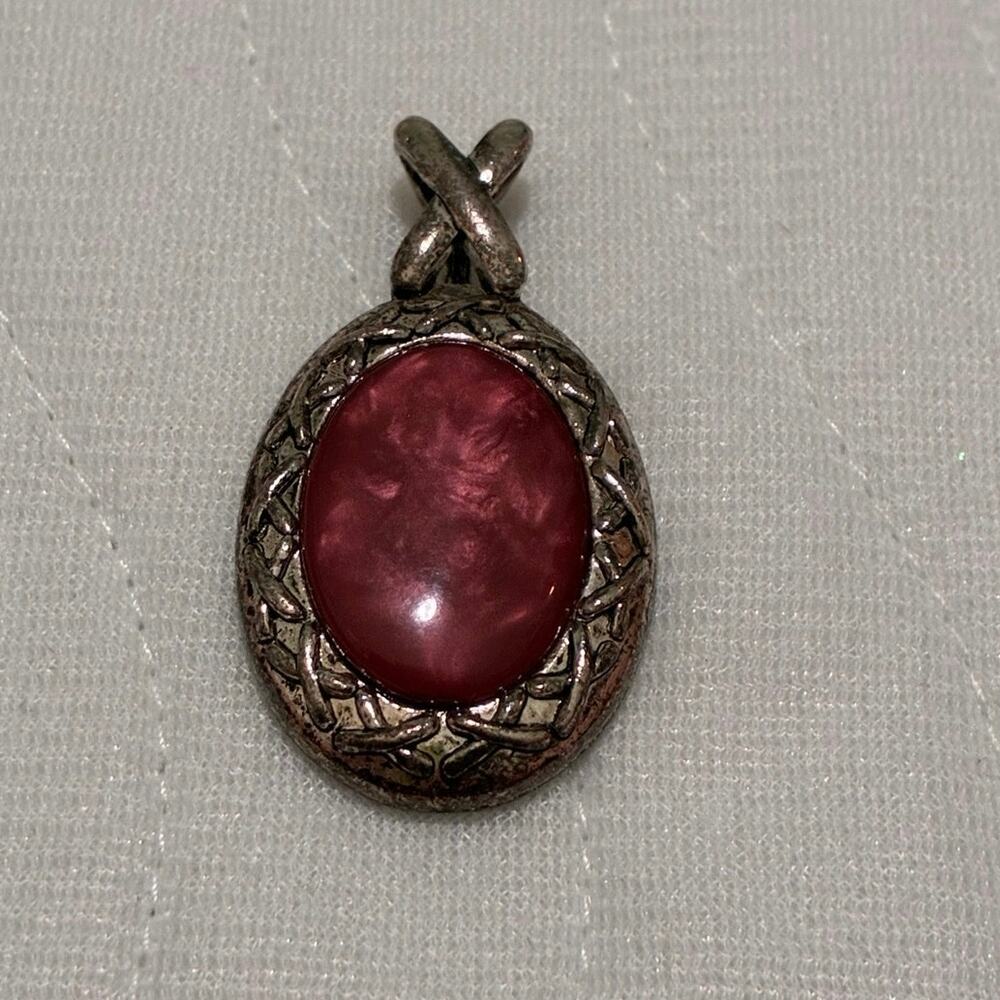 Vintage Silver Tone Pink Marble Cabochon Pendant Celtic Vine Oval Necklace Charm